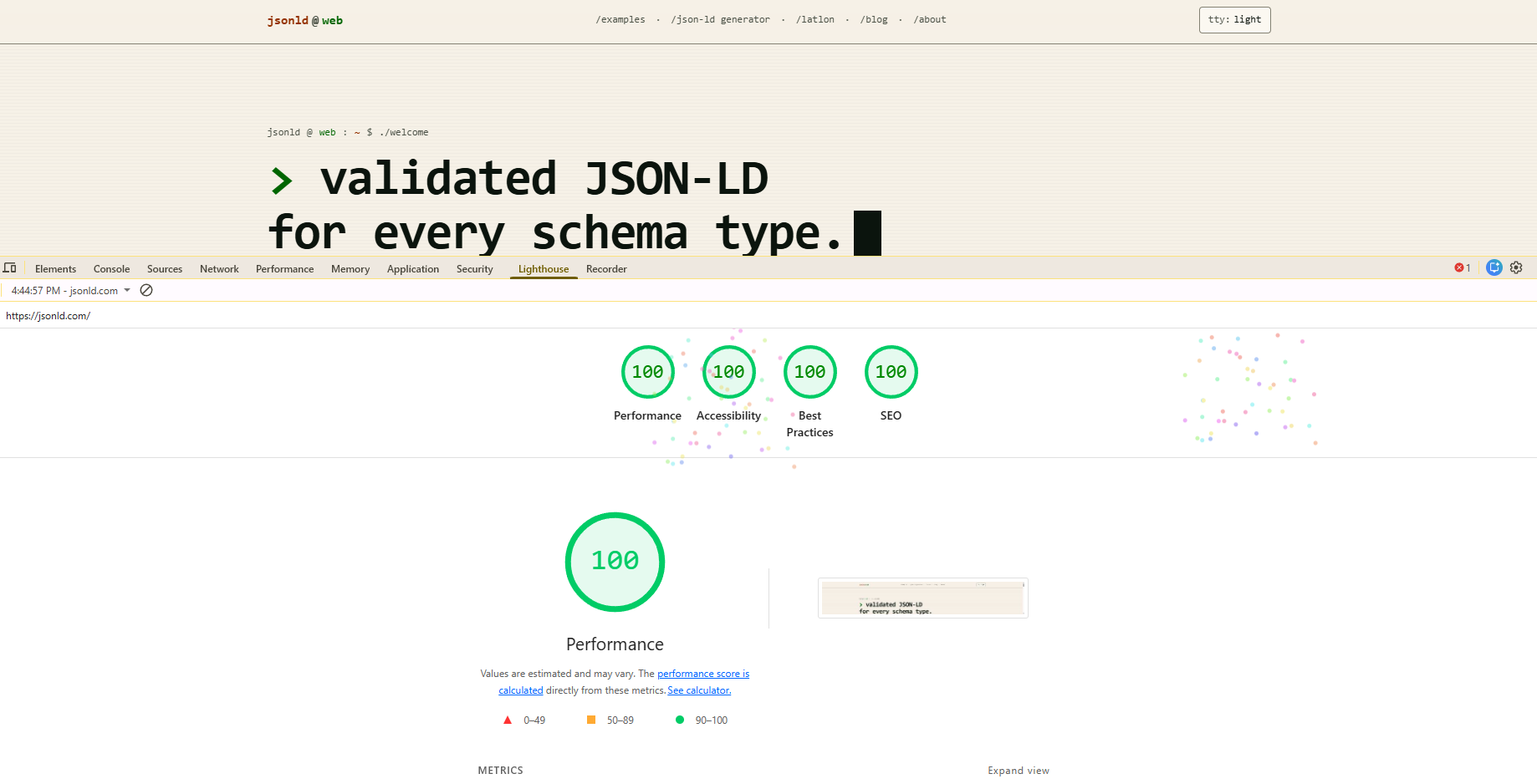 Lighthouse report for jsonld.com showing 100 / 100 / 100 / 100 across performance, accessibility, best practices, and SEO
